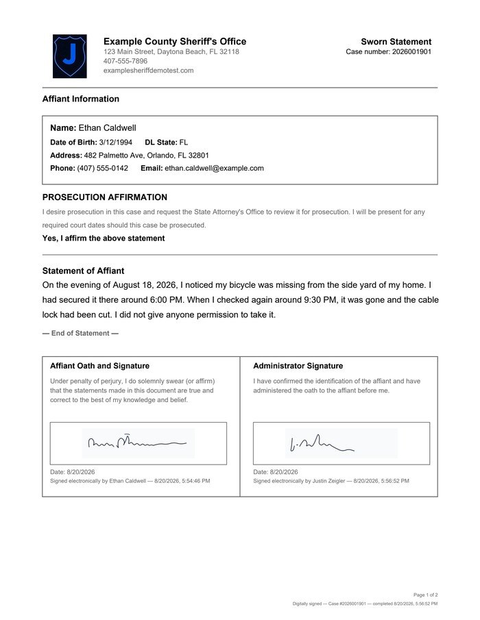 A sealed sworn statement with both signatures applied.