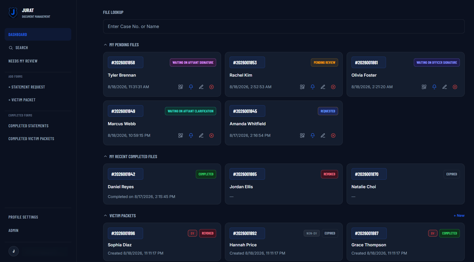 The Jurat dashboard on desktop, showing pending files (sworn statements waiting on signatures or review), recently completed files, and victim packets in various states — sent, draft, completed, revoked — all in one view.